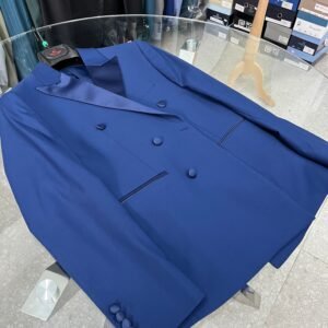 Abito uomo blu doppio petto con collo lucido